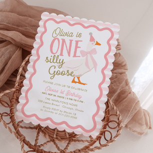 Invitación Un tonto ganso lazo rosa cumpleaños número 1