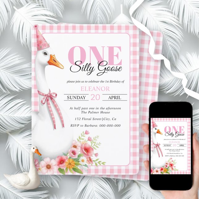 Invitación Un tonto ganso, primer cumpleaños del chica gingha (Subido por el creador)