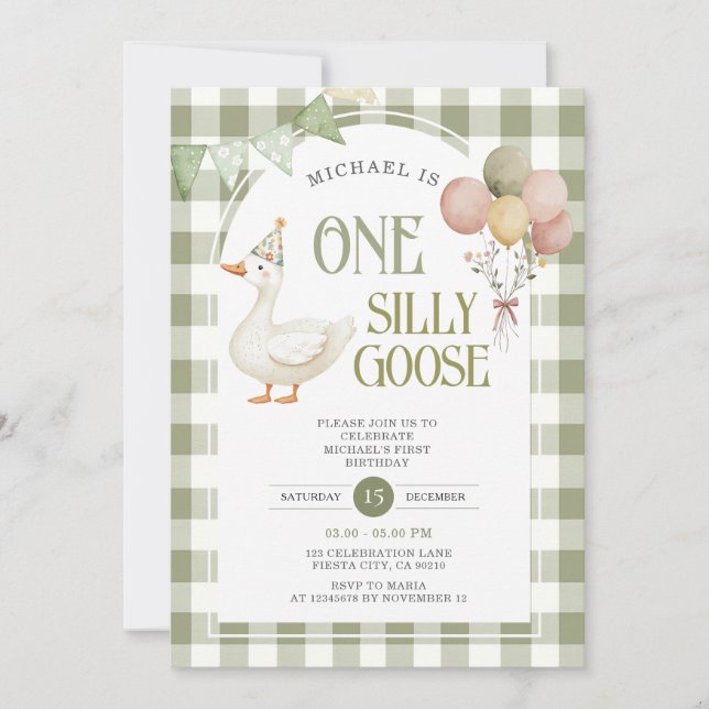 Invitación Un tonto globo de cumpleaños Goose Green Gingham (Anverso)