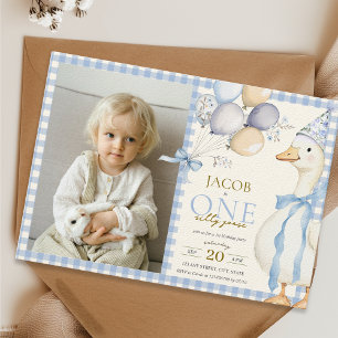 Invitación Un tonto Goose Gingham Azul foto de primer cumplea