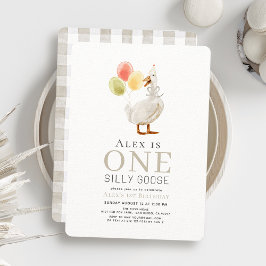 Invitación Un tonto Goose Greige Gingham Primer Cumpleaños