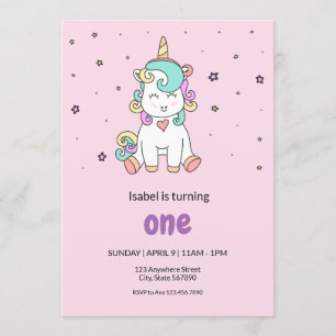 Invitación Un unicornio colorido Cumpleaños Rosa Pastel