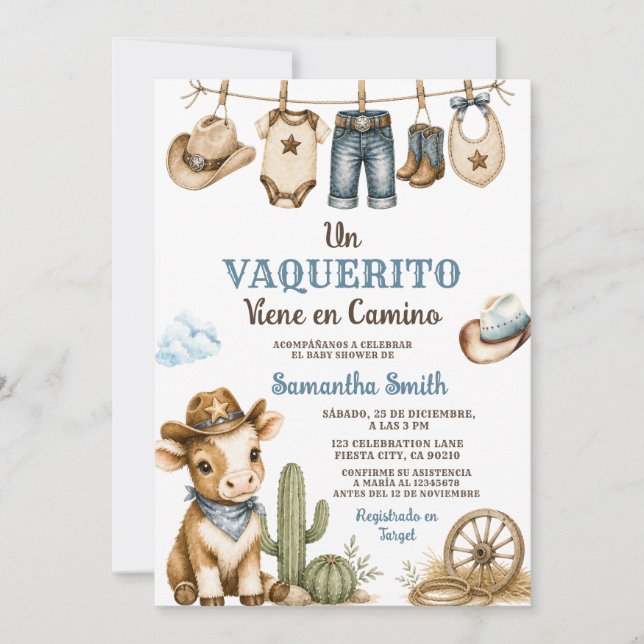 Invitación Un Vaquerito Viene en Camino Fiesta de Bebé Españo (Anverso)