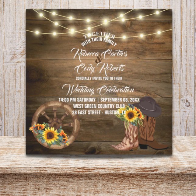 Invitación Un vaquero ruso bota a un Boda occidental girasol (Rustic Cowboy Boots Sunflower Western Wedding Invitation)