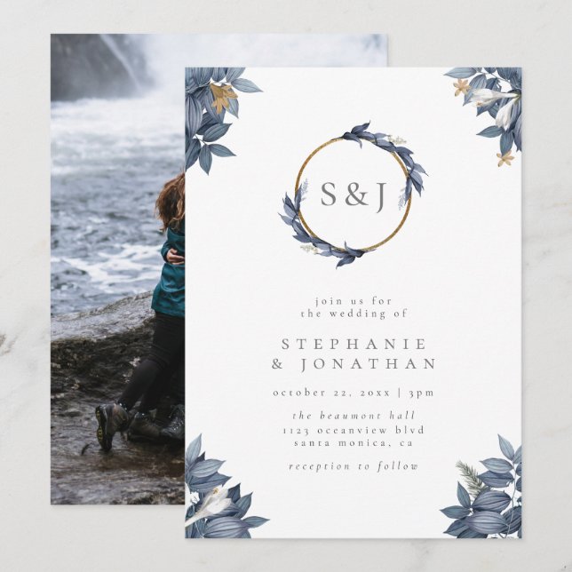 Invitación Una acuarela azul turbia deja a un Boda de monogra (Anverso / Reverso)
