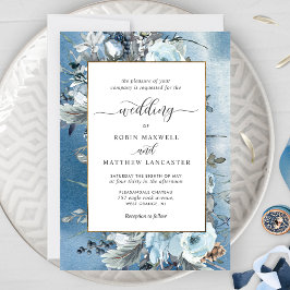 Invitación Una acuarela azul turbia y un Boda floral elegante