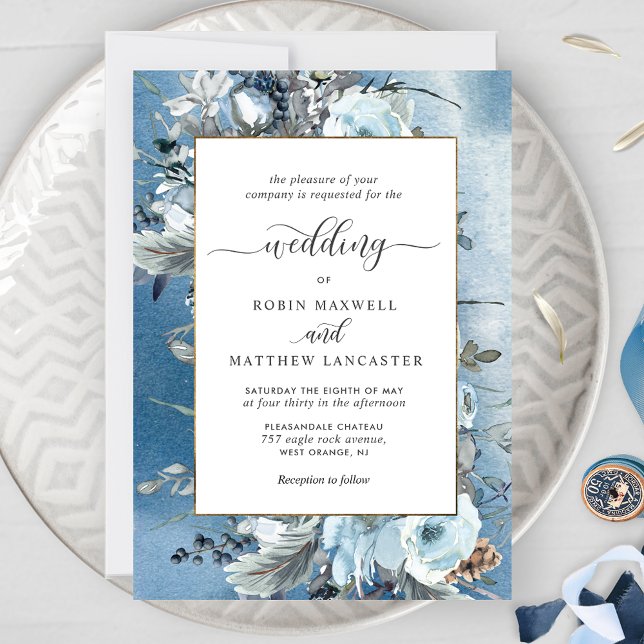 Invitación Una acuarela azul turbia y un Boda floral elegante (Subido por el creador)