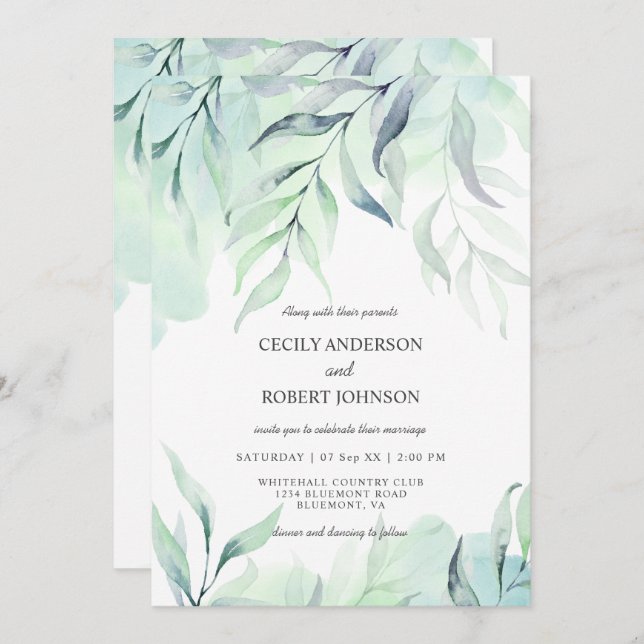 Invitación Una acuarela verde azul y sabio se heló Boda (Anverso / Reverso)