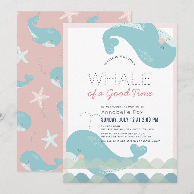 Invitación Una ballena de un Chica rosado Baby Shower (Anverso / Reverso)