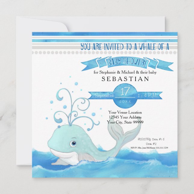 Invitación Una ballena de un niño Baby Shower cute aqua azul  (Anverso)