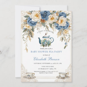 Invitación Una Bebé Está En Camino Regadera Floral Azul