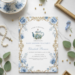 Invitación Una Bebé Está en Camino Regadera Floral Azul