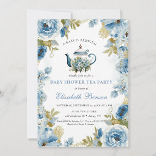 Invitación Una Bebé Está En Infusión Azul Floral Duche de Beb