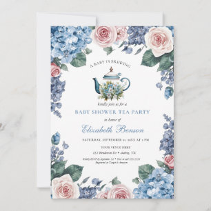 Invitación Una Bebé Está En Infusión Regadera Floral Azul