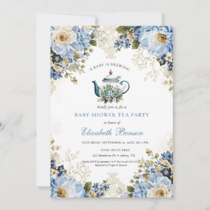 Invitación Una Bebé Está En Infusión Regadera Floral Azul