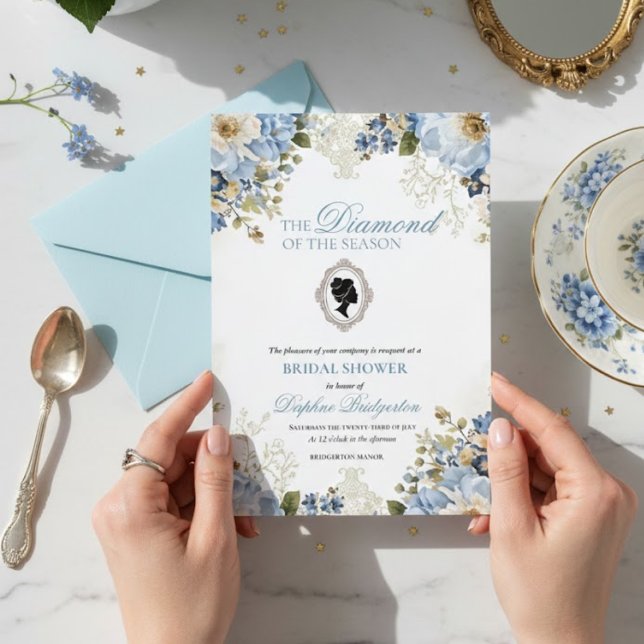 Invitación Una Bebé Está En Infusión Regadera Floral Azul (Subido por el creador)