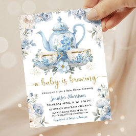 Invitación Una Bebé Está Preparando Té Baby Shower Niño Azul 