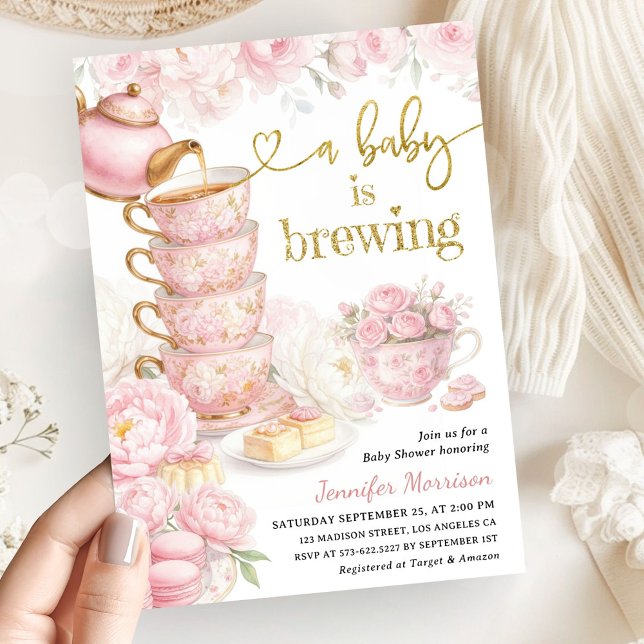 Invitación Una Bebé Está Preparando Té Fiesta de Bebé Floral  (Subido por el creador)