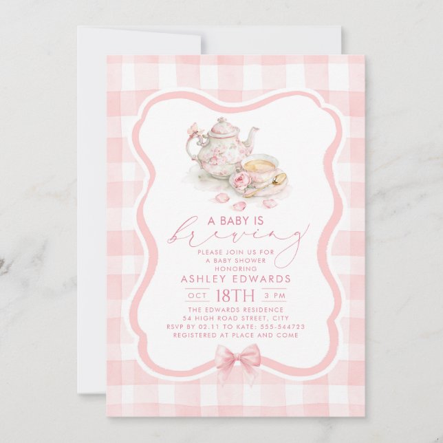 Invitación Una Bebé se está Gestando Fiesta de Té Rosa para B (Anverso)