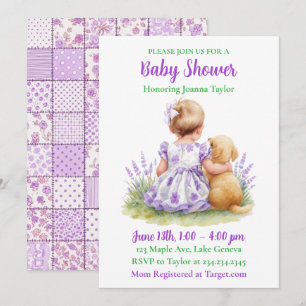 Invitación Una bebé y su perro   Baby Shower púrpura de niña