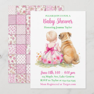 Invitación Una bebé y su perro   Baby Shower Rosa para Niña