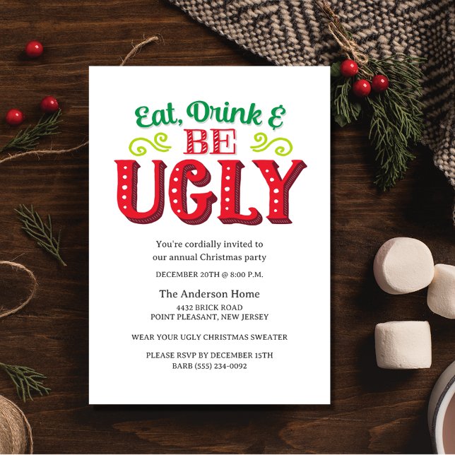 Invitación Una bebida divertida para comer es Fiesta de Navid (Funny Eat Drink Be Ugly Christmas Party Invitation)