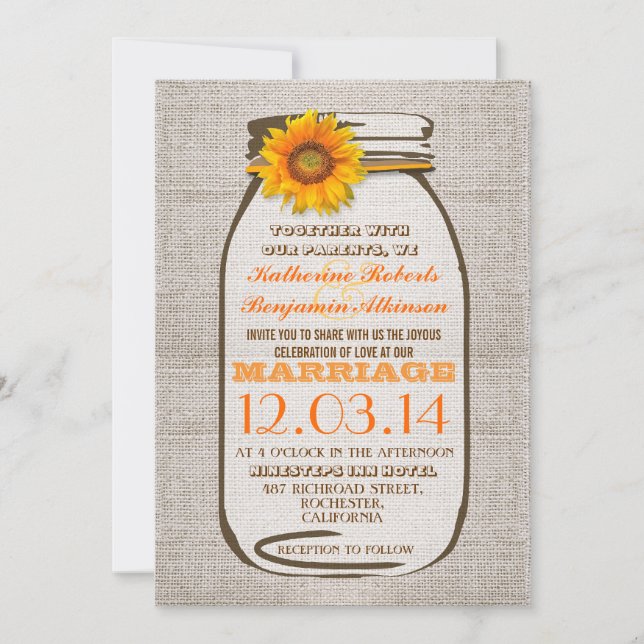 Invitación Una boda de girasol de Burlap Mason Jar invita (Anverso)