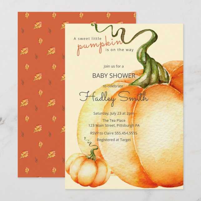 Invitación Una calabaza dulce está en camino a la ducha de be (Anverso / Reverso)