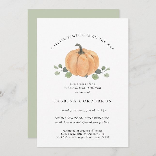 Invitación Una calabaza está en camino a la acuarela virtual (Anverso / Reverso)