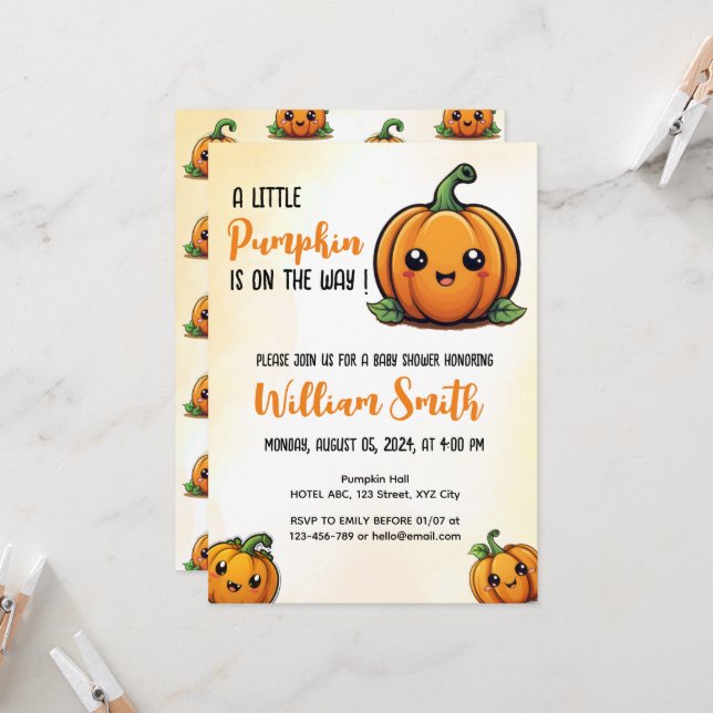 Invitación Una calabaza está en camino, Baby Shower Invite (Anverso/Reverso In Situ)