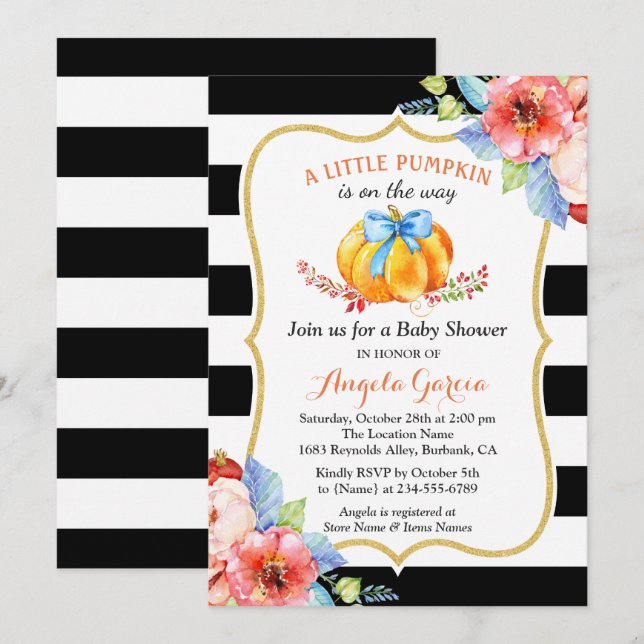 Invitación Una calabaza está en camino | Boy Baby Shower (Anverso / Reverso)