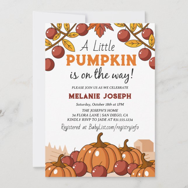 Invitación Una Calabaza Está En Camino De Baby Shower (Anverso)