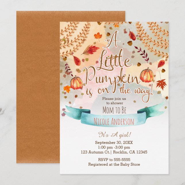 Invitación Una calabaza está en camino de Baby Shower otoño (Anverso / Reverso)
