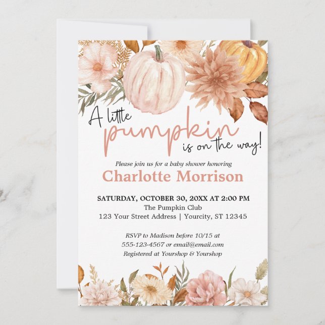 Invitación Una Calabaza Está En Camino De Caer En Baby Shower (Anverso)