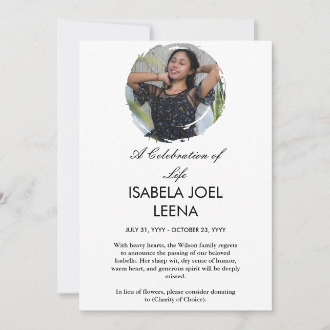 Invitación Una Celebración de la Vida Foto Grande y Cita o Sa (Anverso)