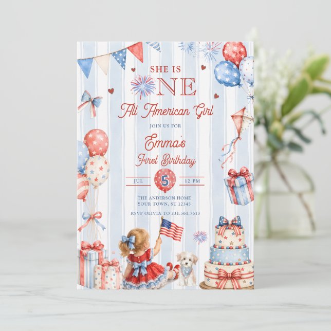 Invitación Una chica totalmente americana cumple 1 año (Anverso de pie)