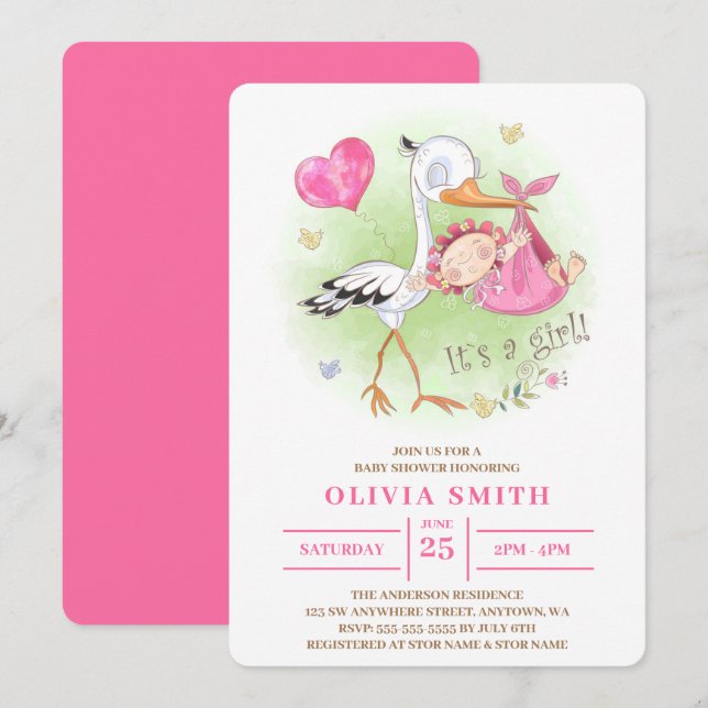 Invitación Una cigüeña acuarela Chica lleva a una niña (Anverso / Reverso)