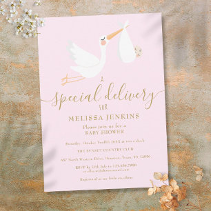 Invitación Una cigüeña de entrega especial, baby shower rosa