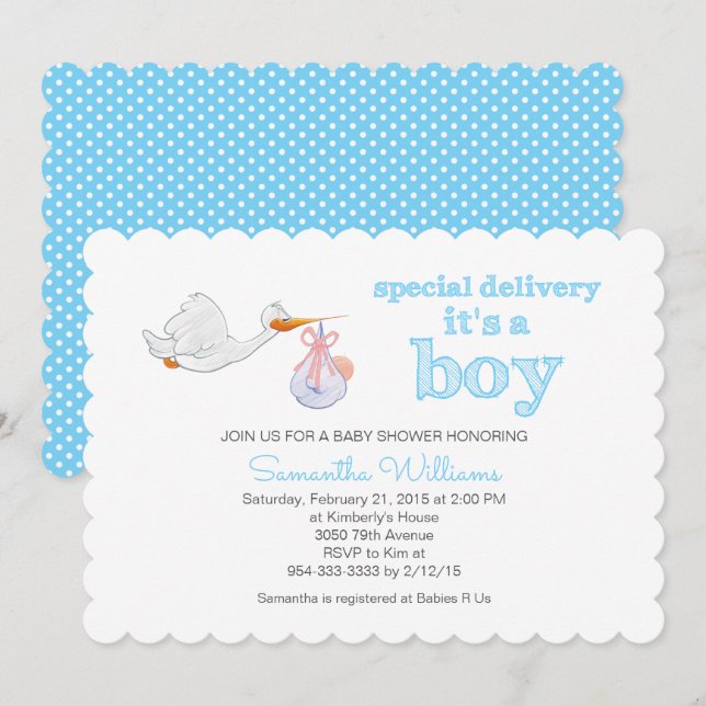 Invitación Una cigüeña elegante lleva BABY SHOWER para un beb (Anverso / Reverso)