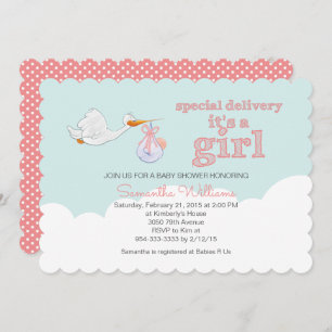 Invitación Una cigüeña elegante que lleva a un bebé CHICA BAB
