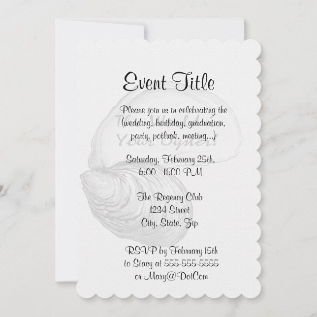 Invitación Una concha de ostra con el dicho "el mundo es tu (Anverso)