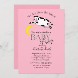 Invitación Una Cuta Vaca Rosa Saltó Sobre El Baby Shower De L