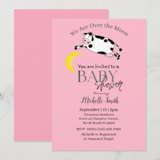 Invitación Una Cuta Vaca Rosa Saltó Sobre El Baby Shower De L