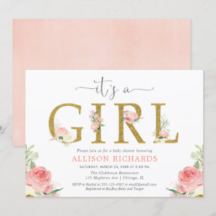 Invitación Una ducha de bebé con flores rosa y dorada, es un