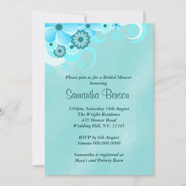 Invitación Una ducha de novia floral azul oscura Verde azulad (Anverso)