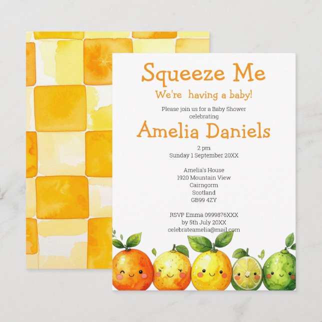 Invitación Una dulce y soleada fiesta de bebé con tema cítric (Anverso / Reverso)