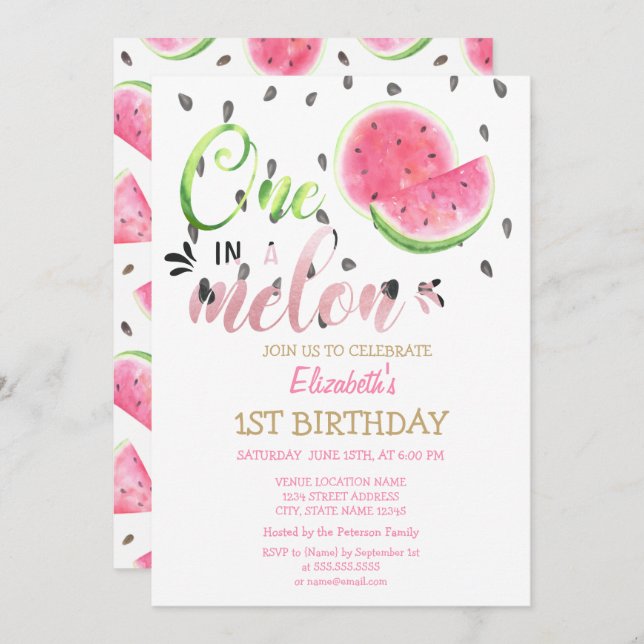 Invitación Una en las sandías de Melón Primer Cumpleaños (Anverso / Reverso)