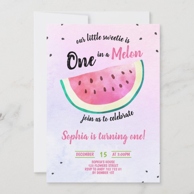 Invitación Una en Melón Chica Primer Día de la sandía Verano (Anverso)