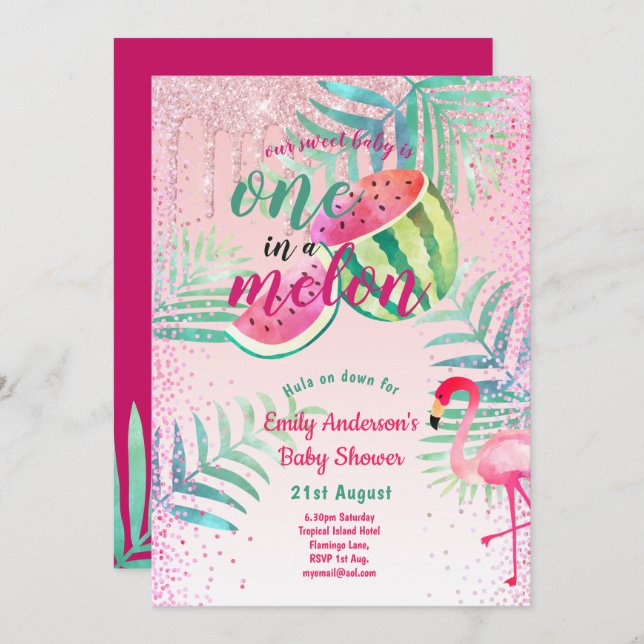 Invitación Una en Melón Tropical Flamingo Rosa (Anverso / Reverso)