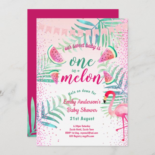Invitación Una en Melon Tropical Flamingo Watermelón rosa (Anverso / Reverso)